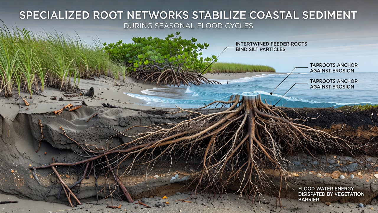 Cross-section view of root systems binding layers of coastal sediment exposed during low tide