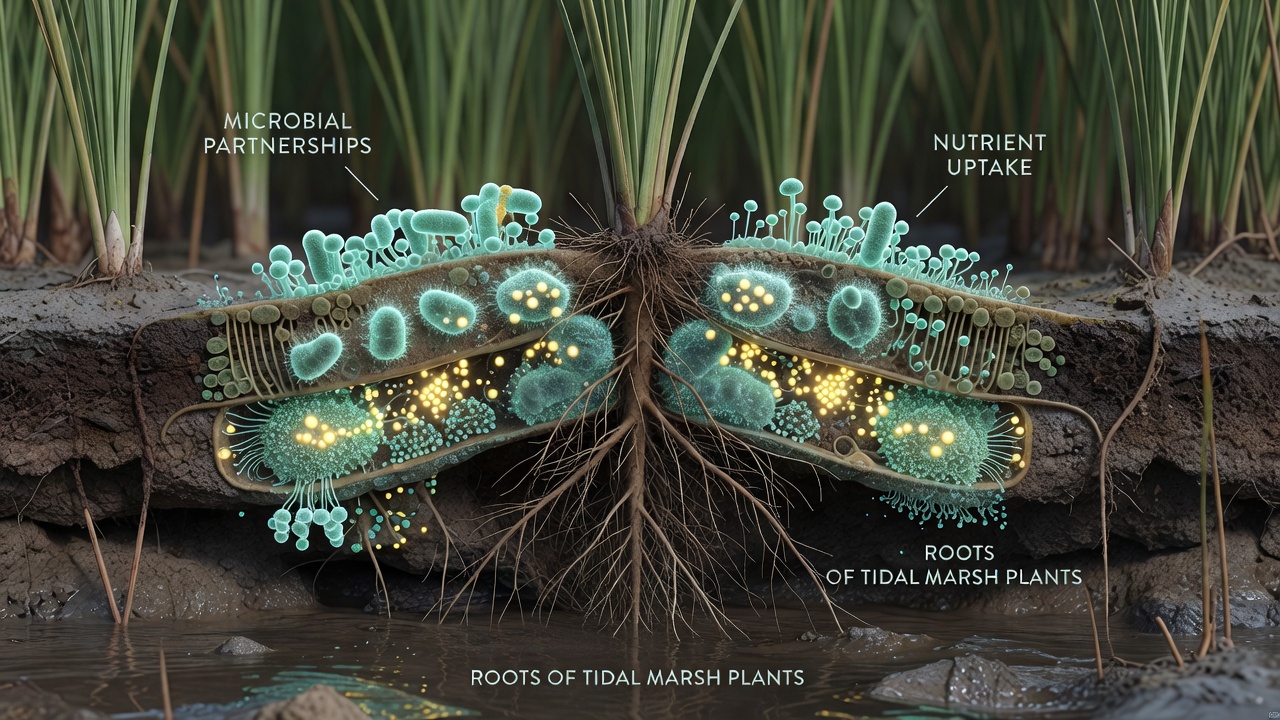 Close-up view of nutrient exchange zones along tidal marsh root surfaces