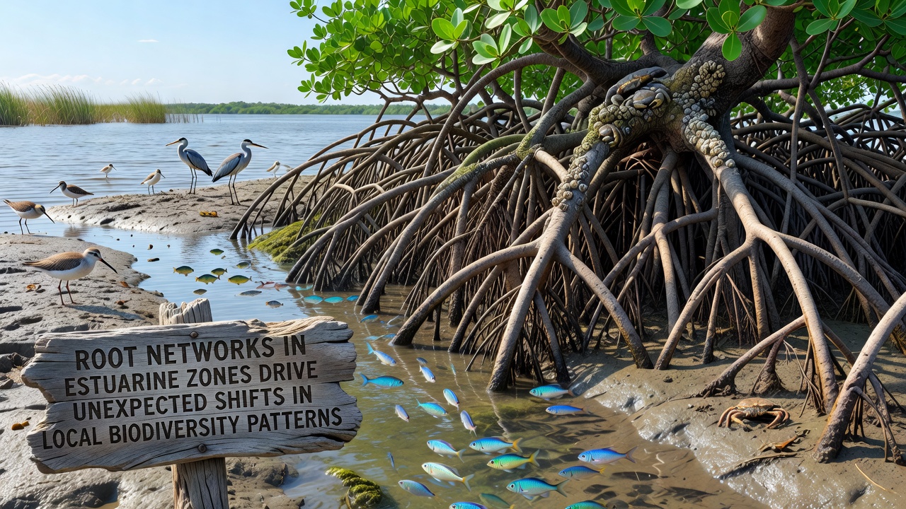 Close-up of estuarine plant roots intertwined with sediment and small aquatic organisms